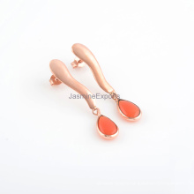 Coral Chalcedony Gemstone Rose Gold Plated Sterling Long Drop Earring, Silver Gemstone Earring
